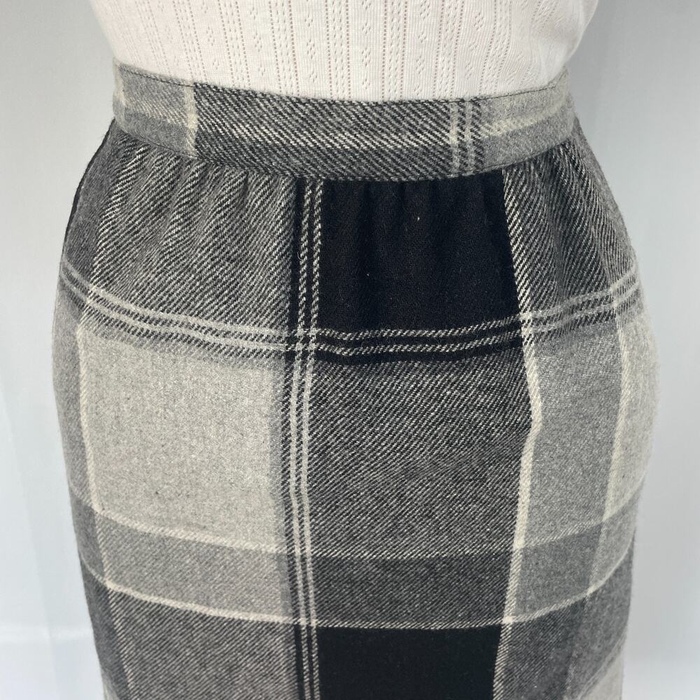 Vtg Pencil Skirt Size 8 Black Gray Plaid Check Midi Office Academia Preppy 90s - Picture 2 of 14